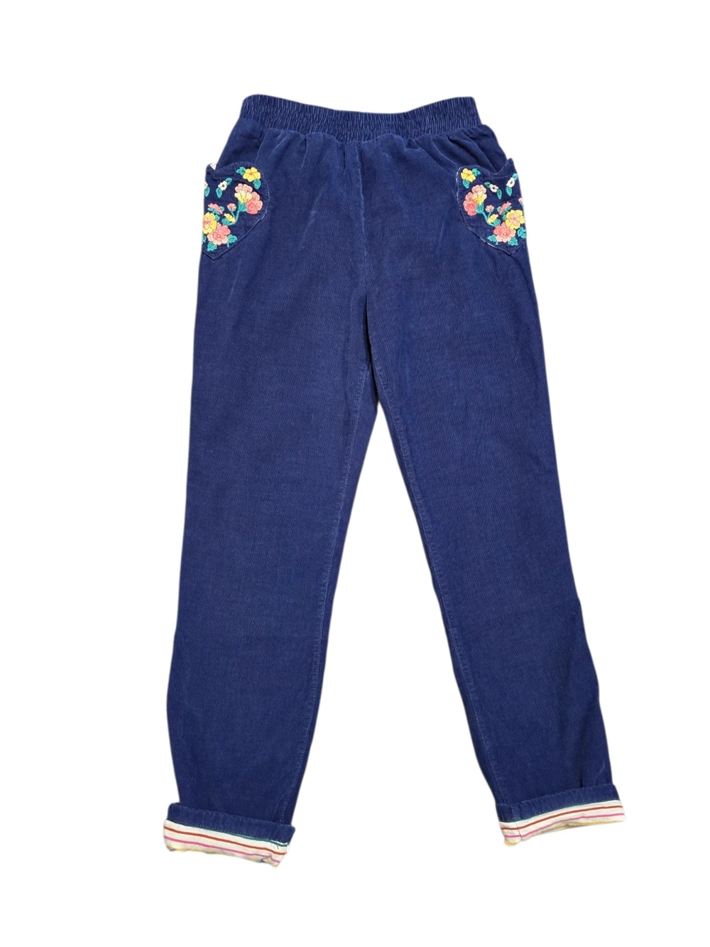 MINI BODEN Blue Lined Corduroy Pants Floral Embroidered Heart Pockets Sz 12Y